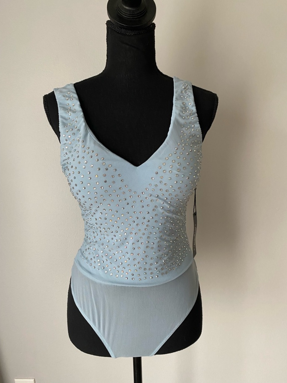 Haute Monde Light Blue Embellished V-Neck Bodysuit